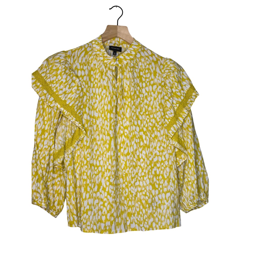 Who What Wear Yellow Abstract Leopard Ruffle Sleeve Boho Prairie Blouse Small